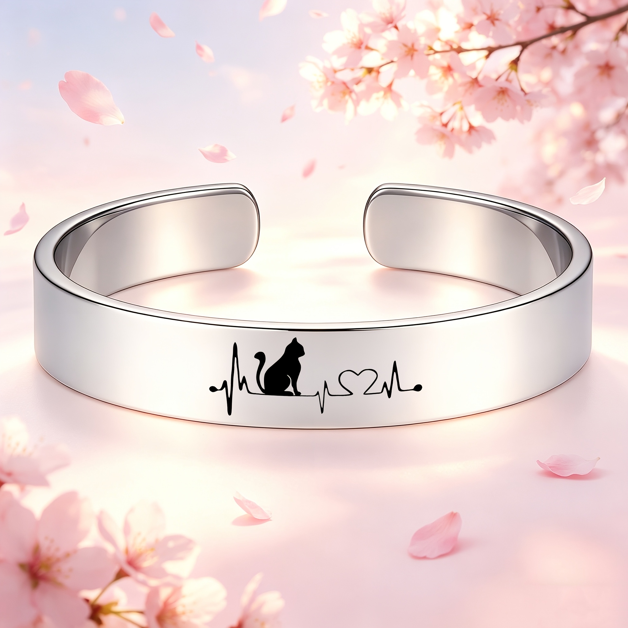 Cat Heartbeat Frequency Pattern Stainless Steel Open Bangle, Gift for Cat Lovers